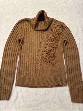 DKNY Womens Ribbed Fringe Turtleneck Sweater Luggage Brown XS